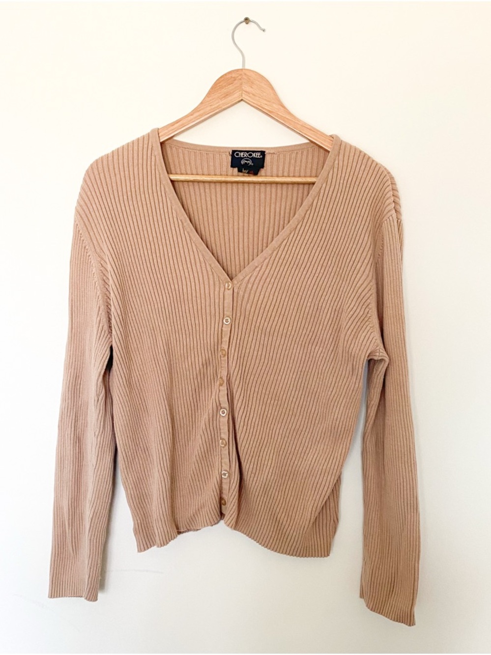 Cherokee Ribbed V-Neck Button Front Cardigan - Beige - 100% cotton